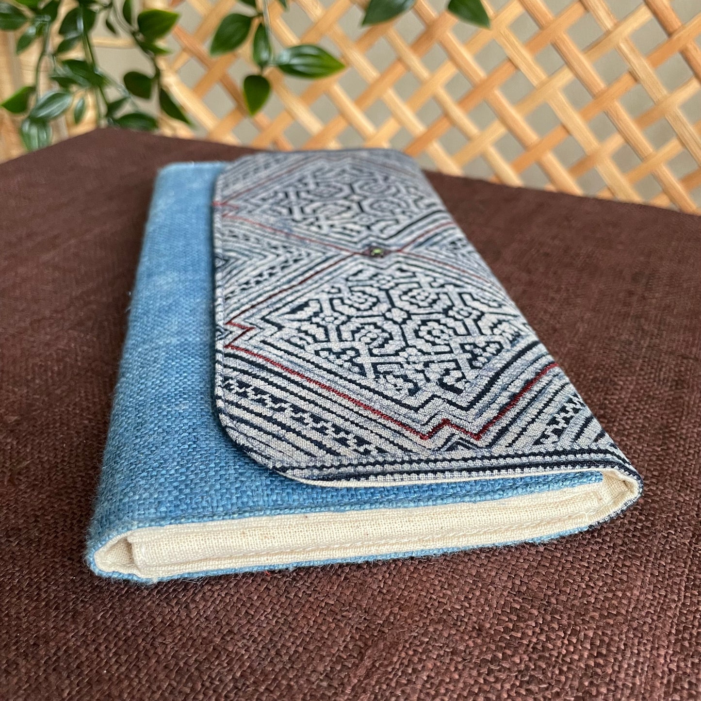 Light blue long purse, Hemp fabric, Indigo Batik fabric, H'mong pattern