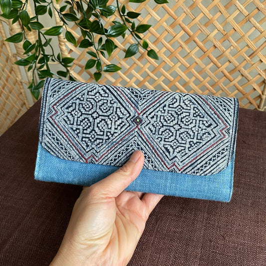 Light blue long purse, Hemp fabric, Indigo Batik fabric, H'mong pattern