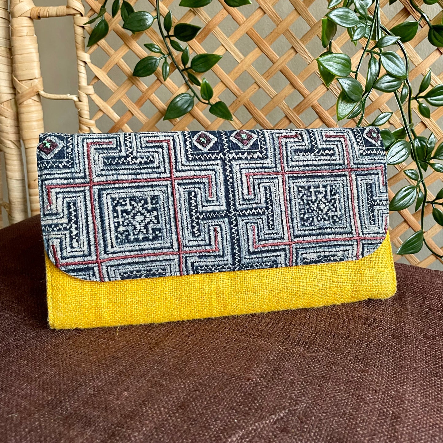 Yellow long purse, Hemp fabric, Indigo Batik fabric, H'mong pattern