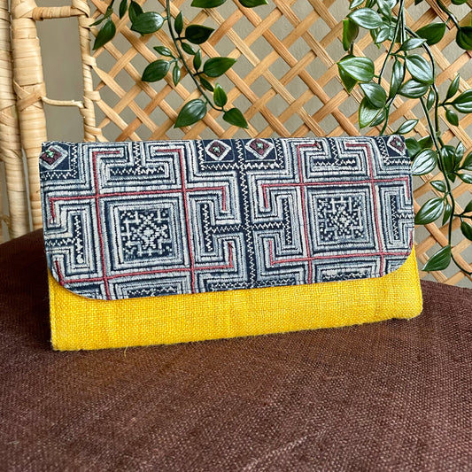 Yellow long purse, Hemp fabric, Indigo Batik fabric, H'mong pattern