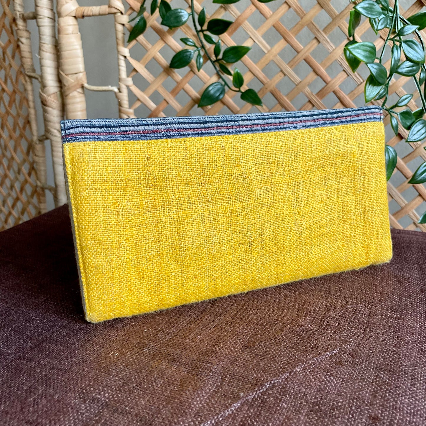 Yellow long purse, Hemp fabric, Indigo Batik fabric, H'mong pattern