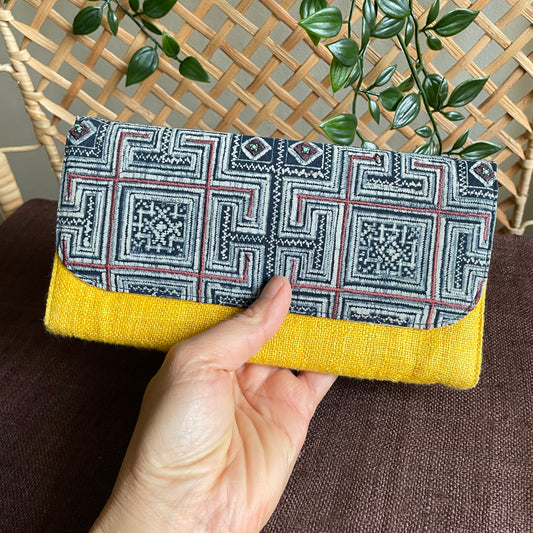 Yellow long purse, Hemp fabric, Indigo Batik fabric, H'mong pattern