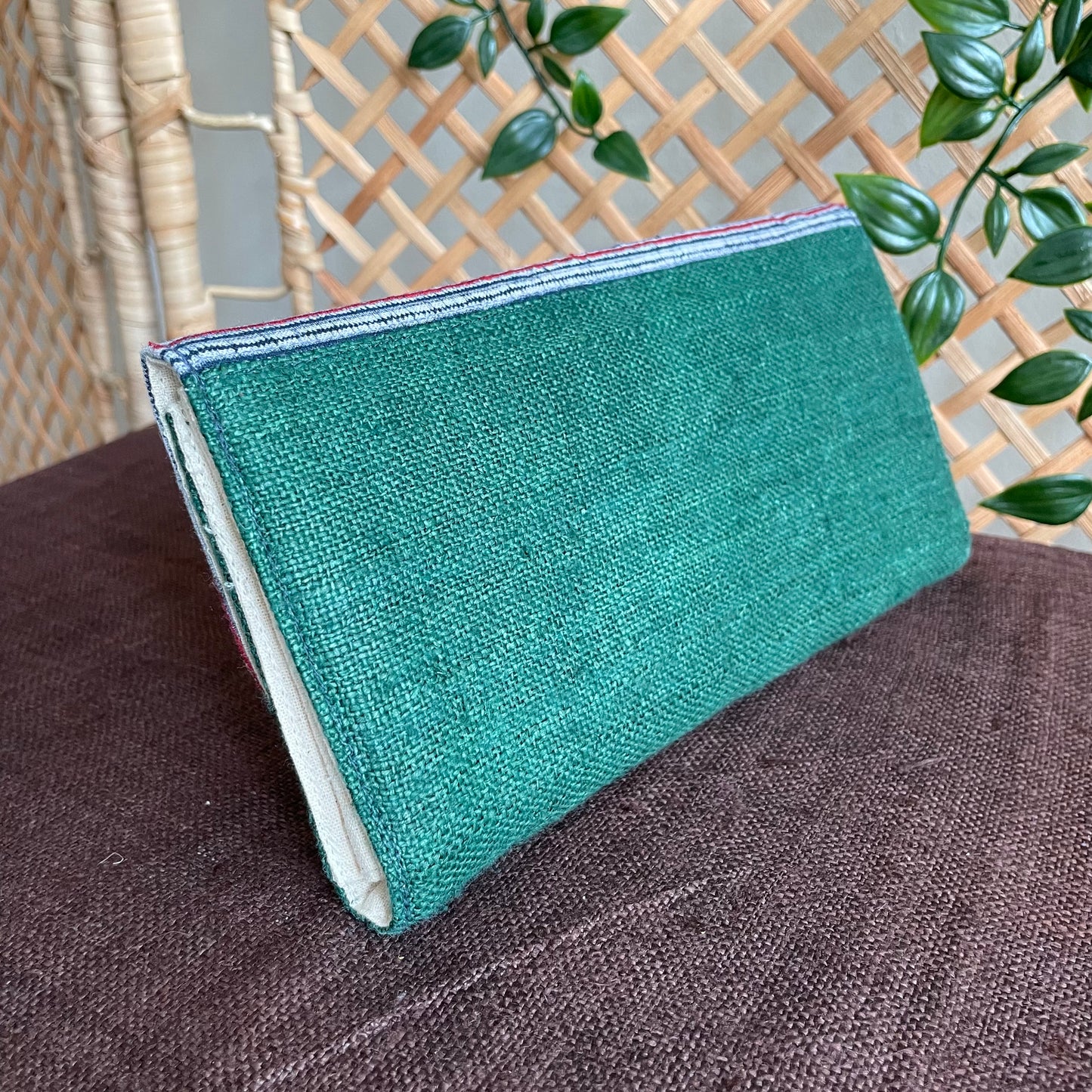 Arapawa green long purse, Hemp fabric, Indigo Batik fabric, H'mong pattern