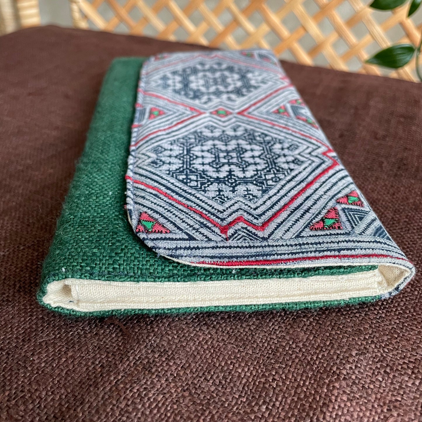 Arapawa green long purse, Hemp fabric, Indigo Batik fabric, H'mong pattern