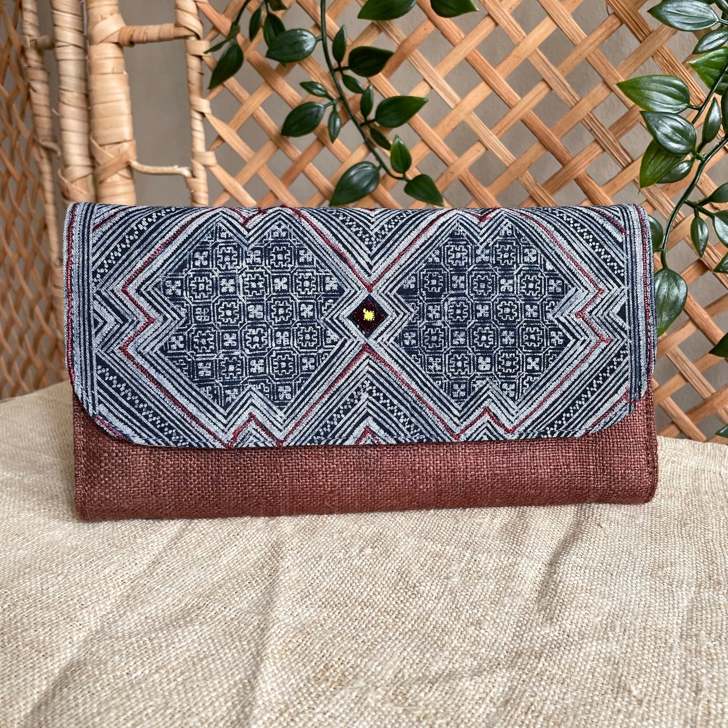 Dark brown long purse, Hemp fabric, Indigo Batik fabric, H'mong pattern