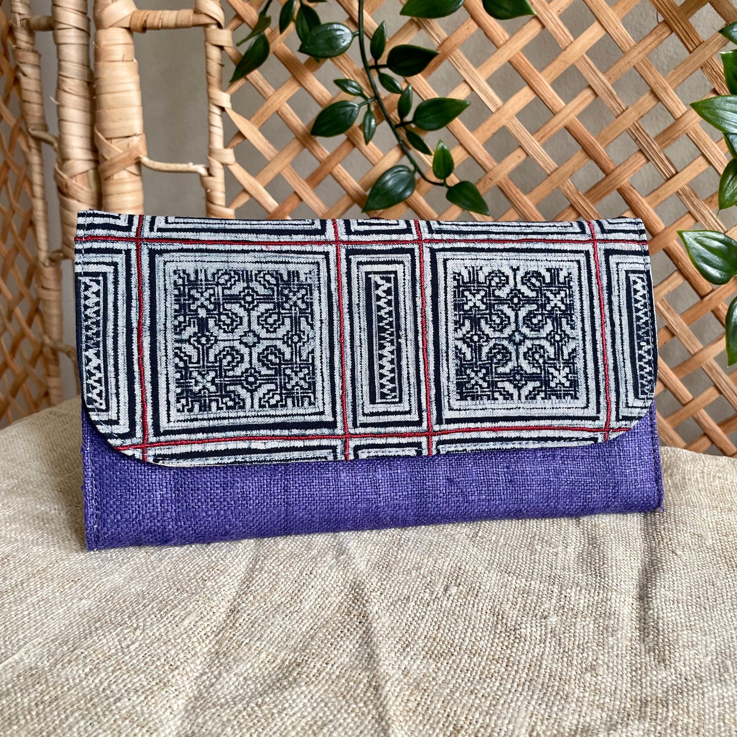 Purple long purse, Hemp fabric, Indigo Batik fabric, H'mong pattern