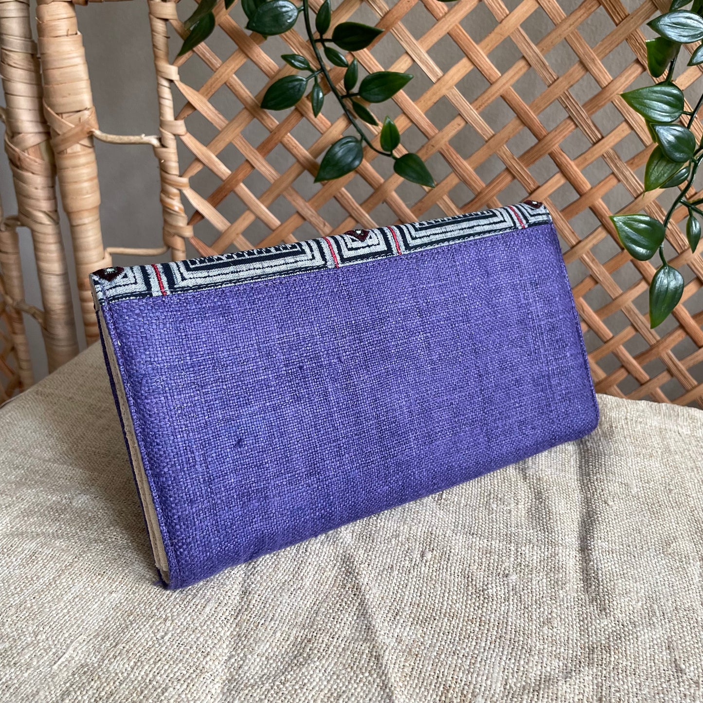 Purple long purse, Hemp fabric, Indigo Batik fabric, H'mong pattern