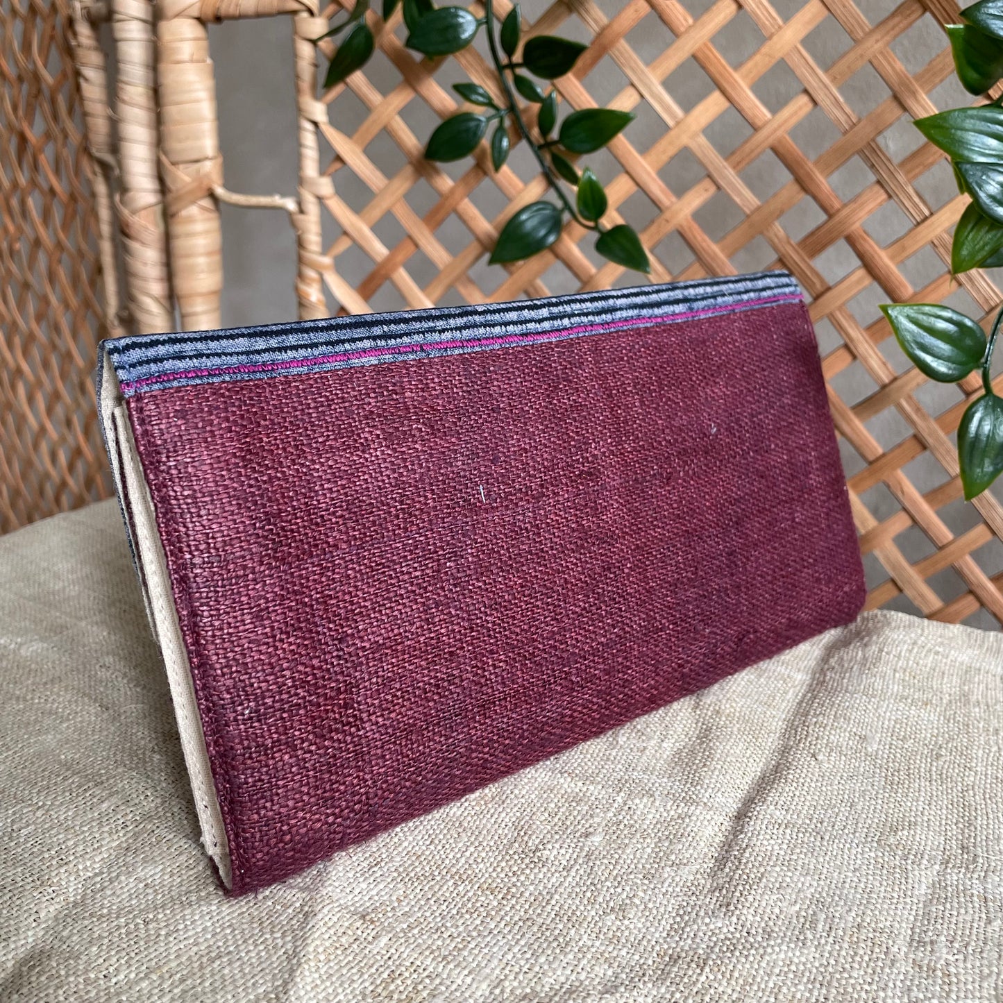 Bordeaux long purse, Hemp fabric, Indigo Batik fabric, H'mong pattern