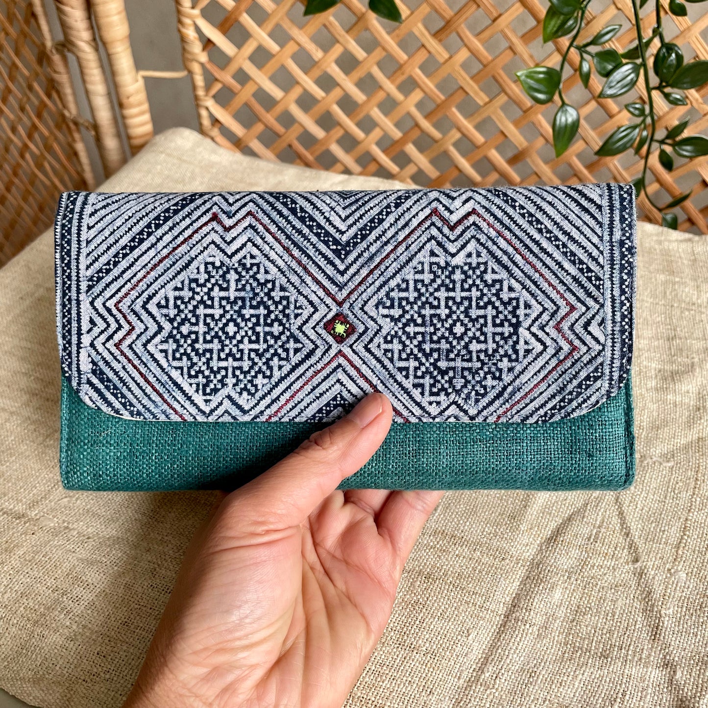 Skobeloff green long purse, Hemp fabric, Indigo Batik fabric, H'mong pattern