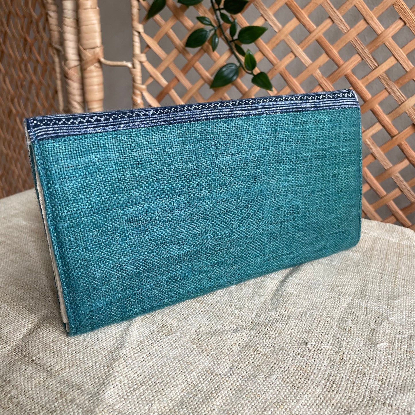 Skobeloff green long purse, Hemp fabric, Indigo Batik fabric, H'mong pattern