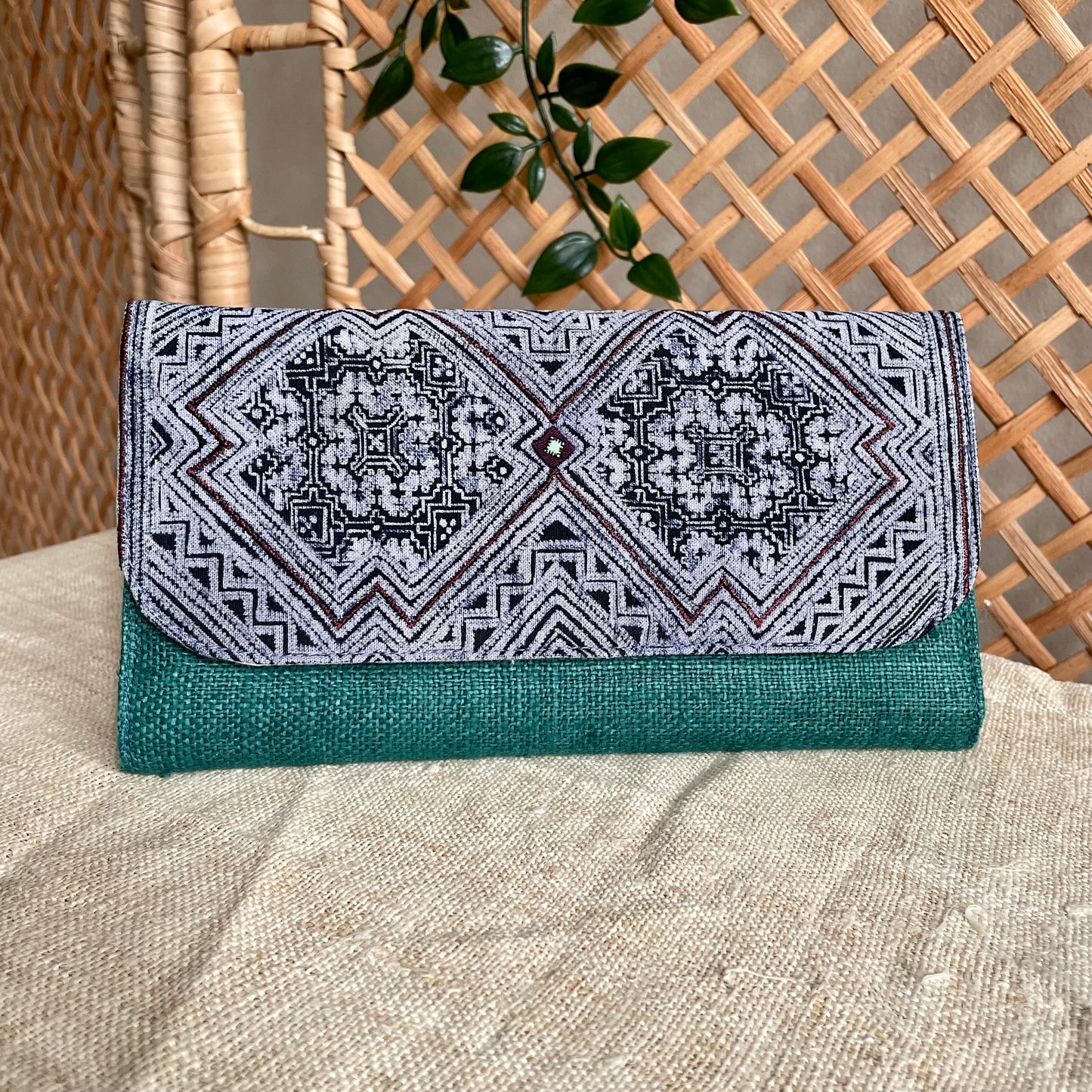 Skobeloff green long purse, Hemp fabric, Indigo Batik fabric, H'mong pattern