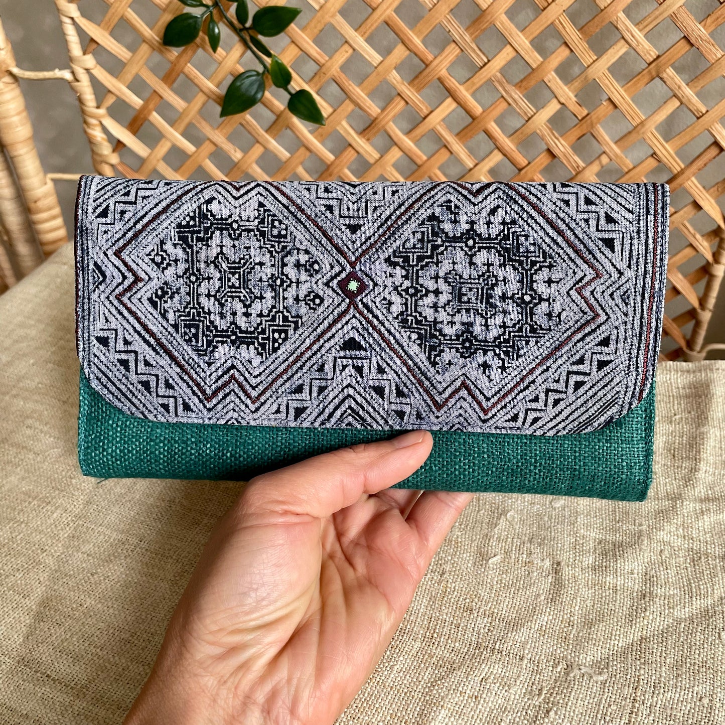 Skobeloff green long purse, Hemp fabric, Indigo Batik fabric, H'mong pattern