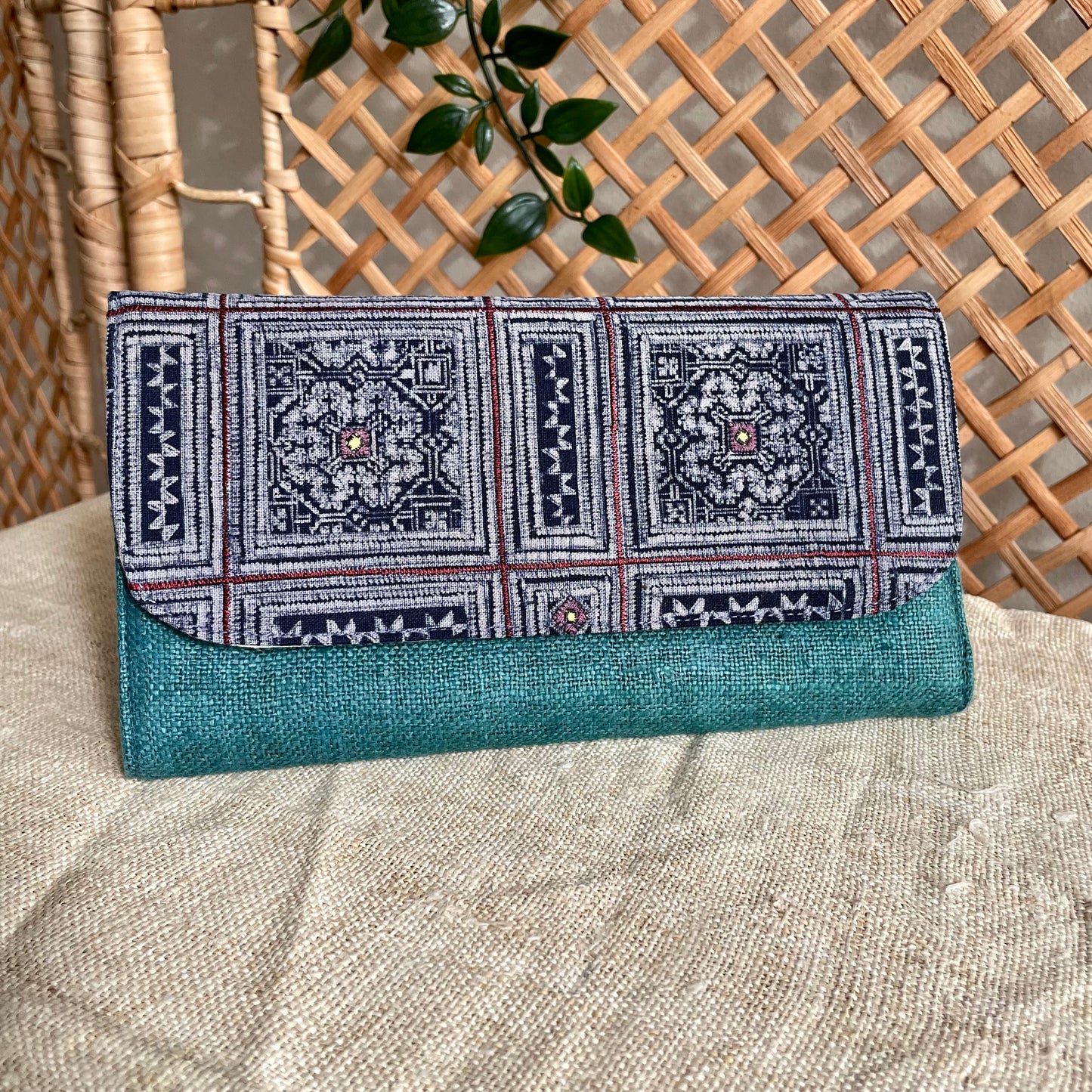 Skobeloff green long purse, Hemp fabric, Indigo Batik fabric, H'mong pattern