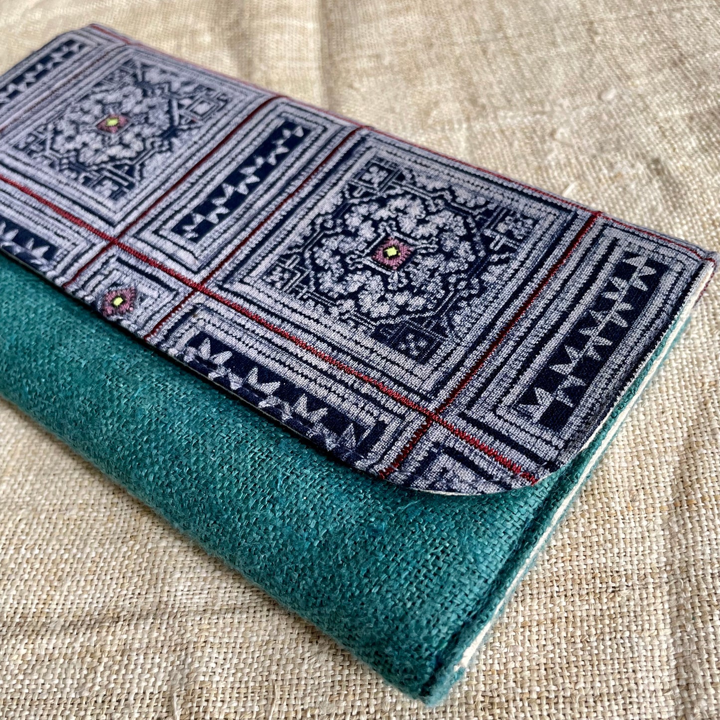 Skobeloff green long purse, Hemp fabric, Indigo Batik fabric, H'mong pattern