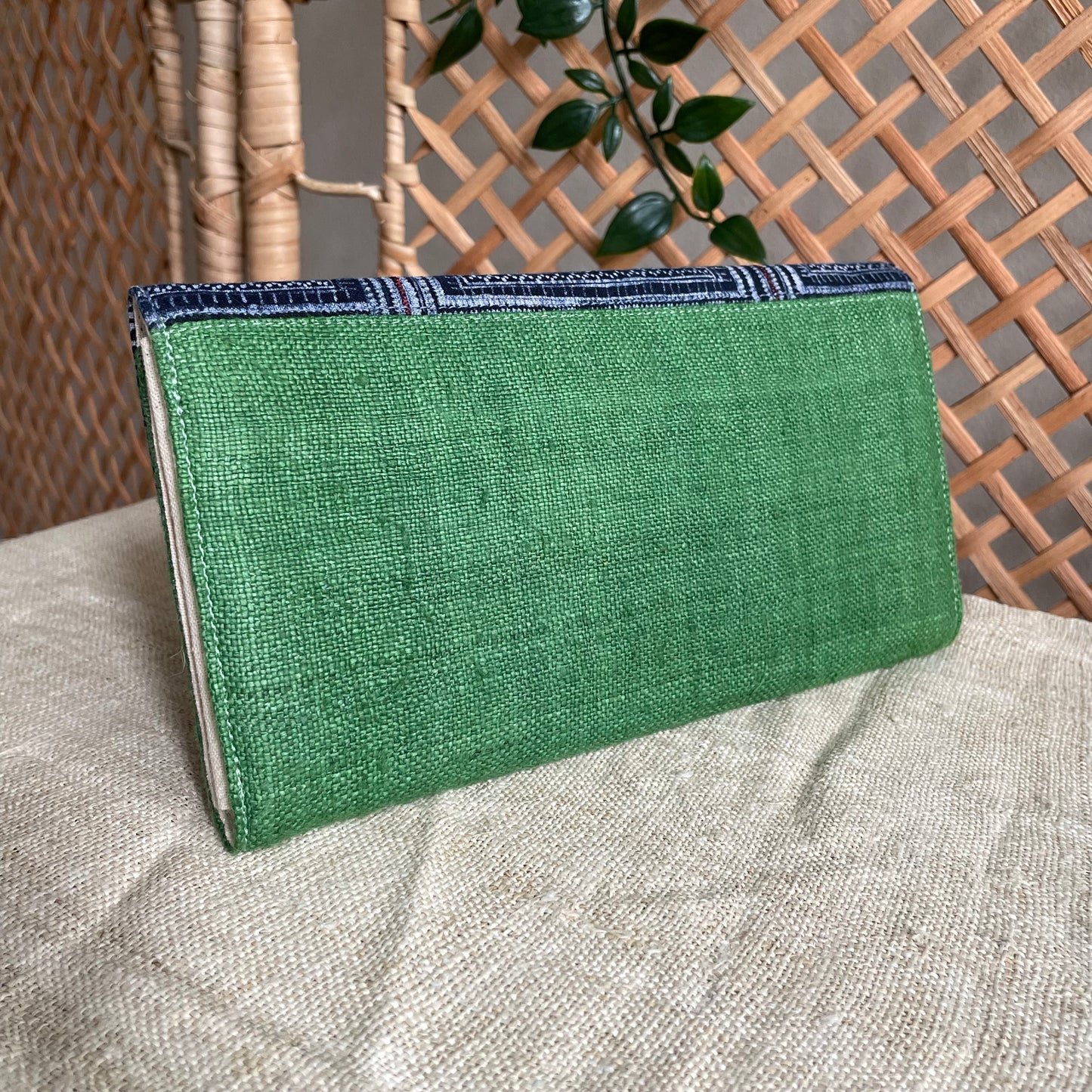 Classic green long purse, Hemp fabric, Indigo Batik fabric, H'mong pattern