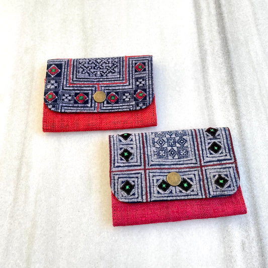 Red Hemp card holder, Indigo Batik fabric