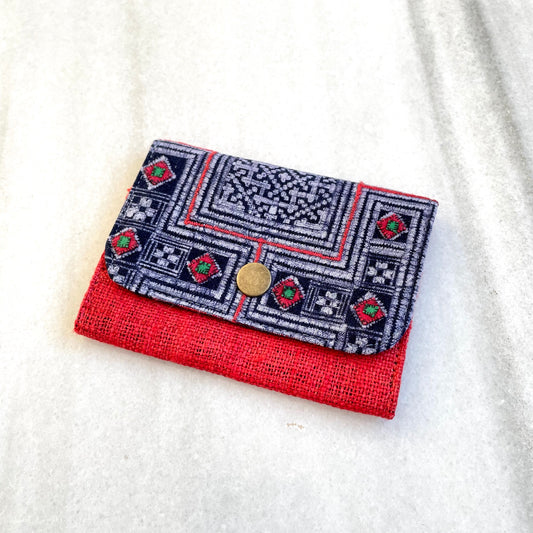 Red Hemp card holder, Indigo Batik fabric