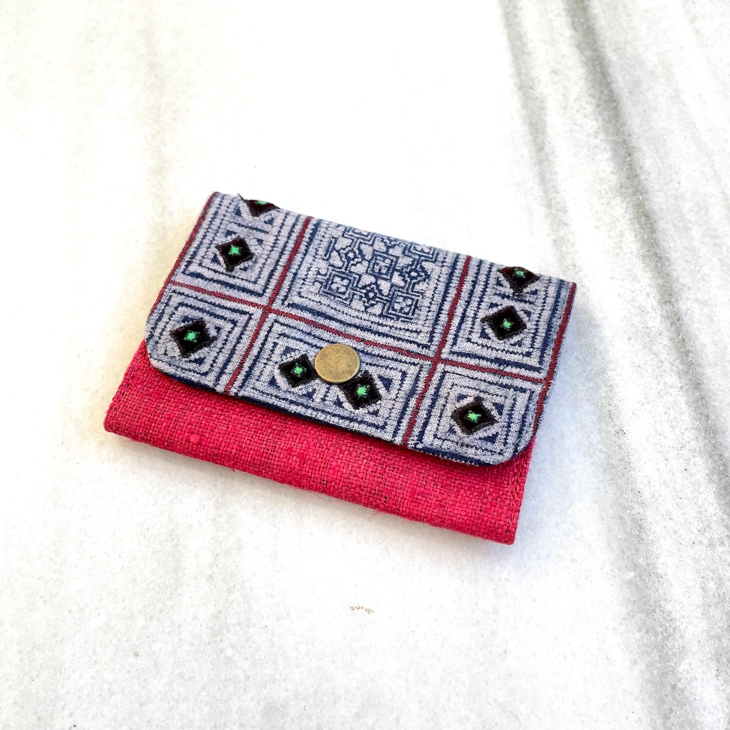 Red Hemp card holder, Indigo Batik fabric