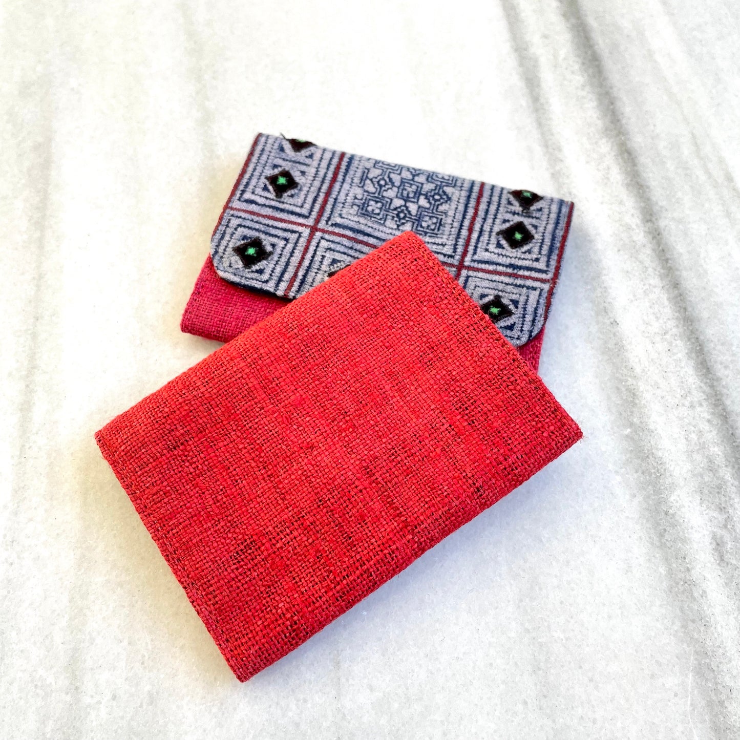 Red Hemp card holder, Indigo Batik fabric