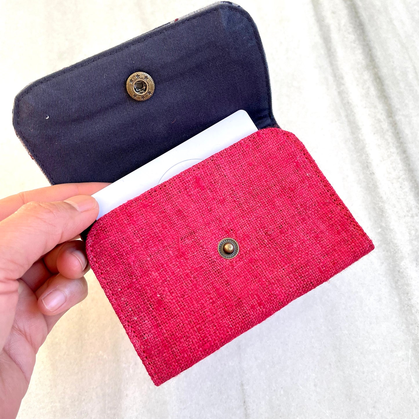 Red Hemp card holder, Indigo Batik fabric