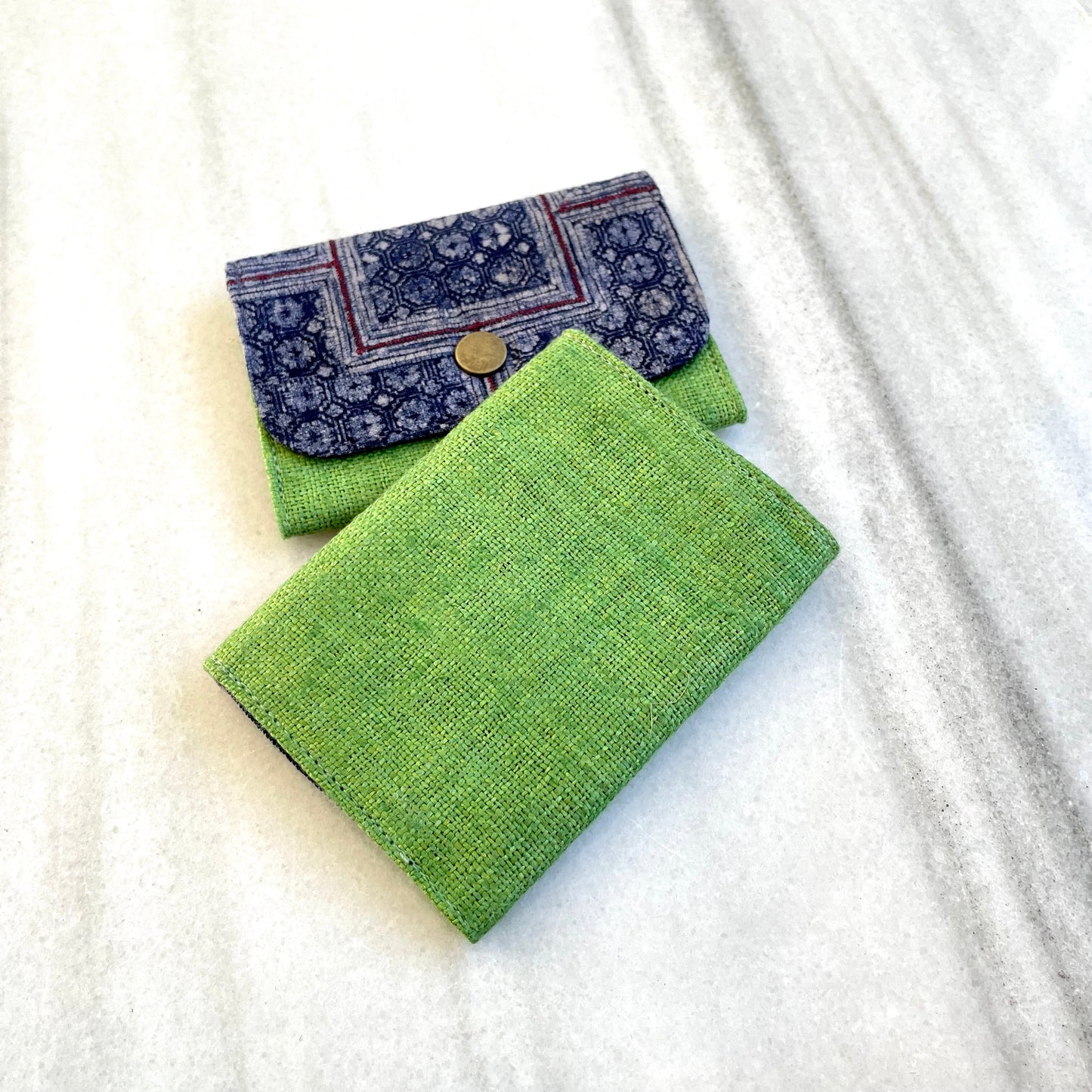 Classic green Hemp card holder, Indigo Batik fabric