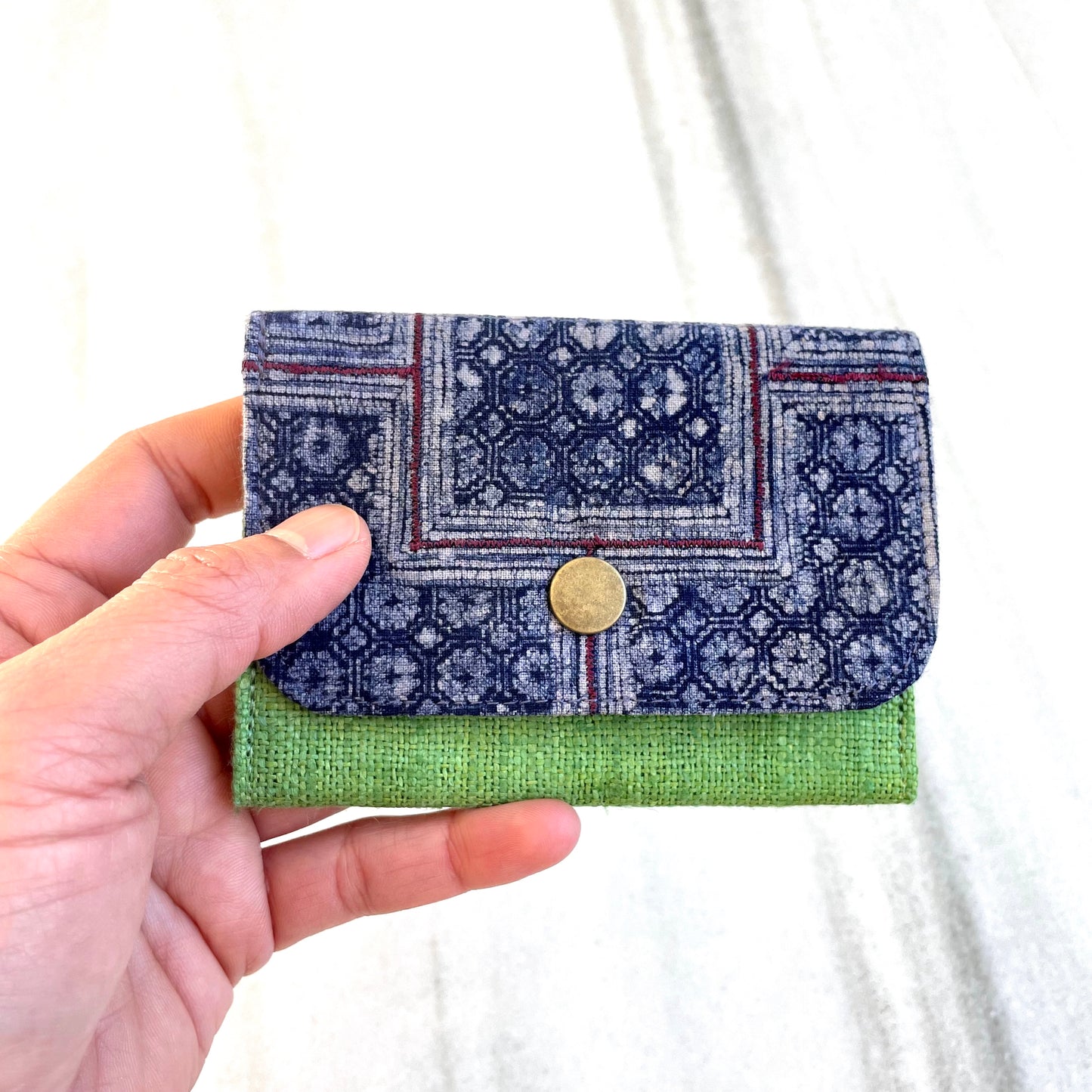 Classic green Hemp card holder, Indigo Batik fabric