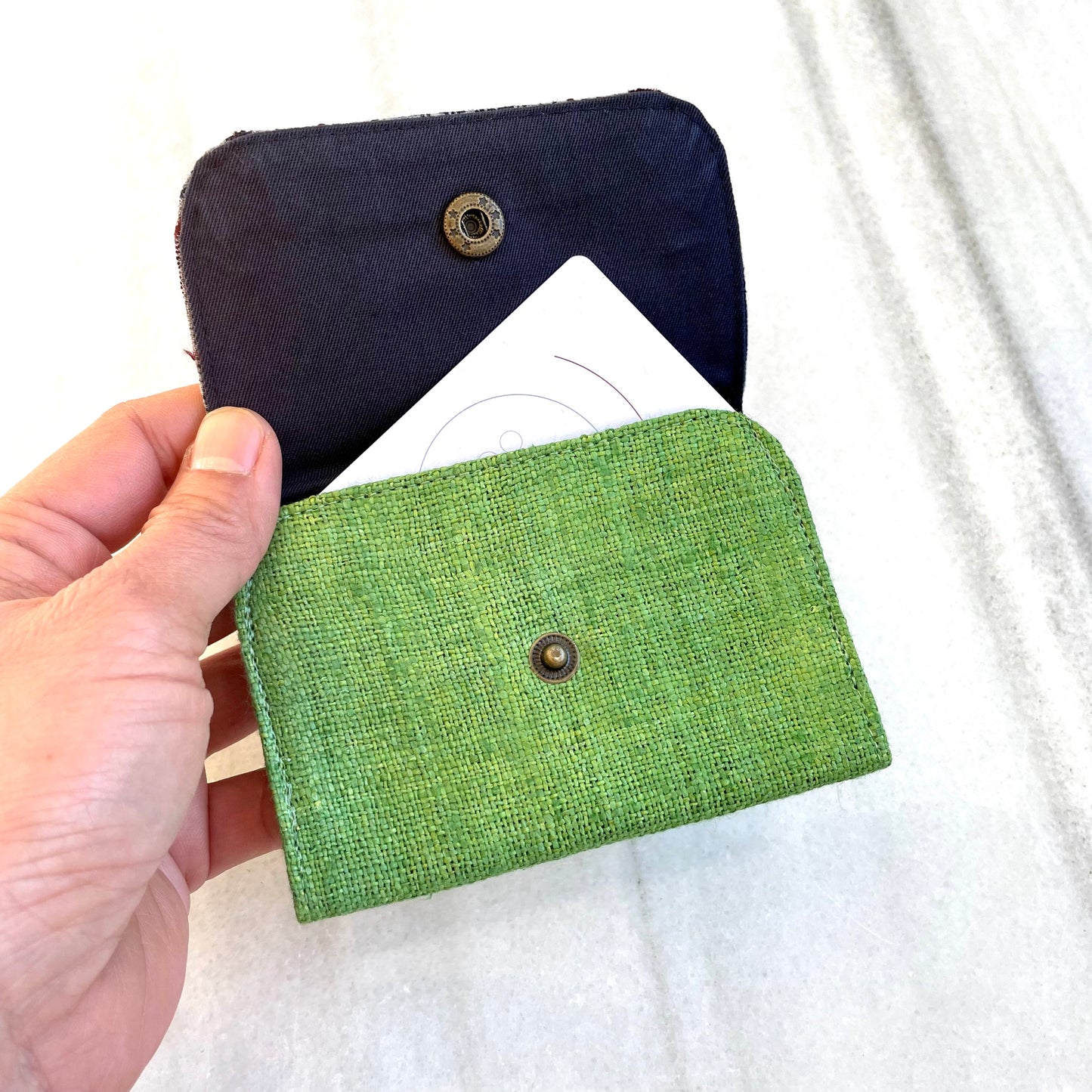 Classic green Hemp card holder, Indigo Batik fabric