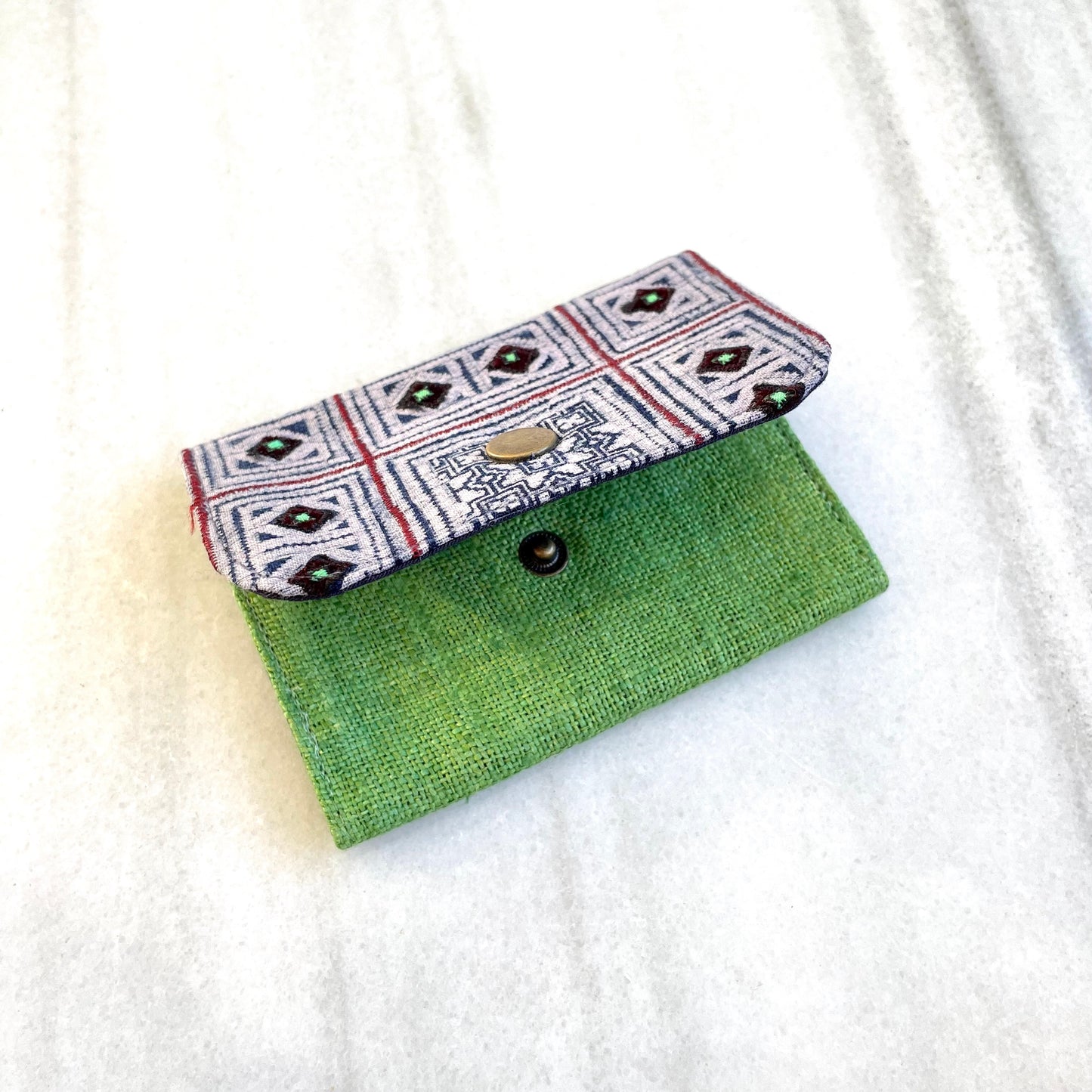 Classic green Hemp card holder, Indigo Batik fabric