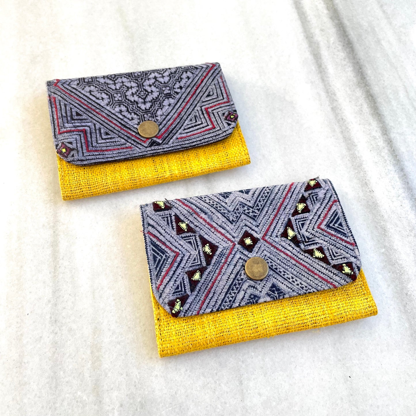 Yellow Hemp card holder, Indigo Batik fabric