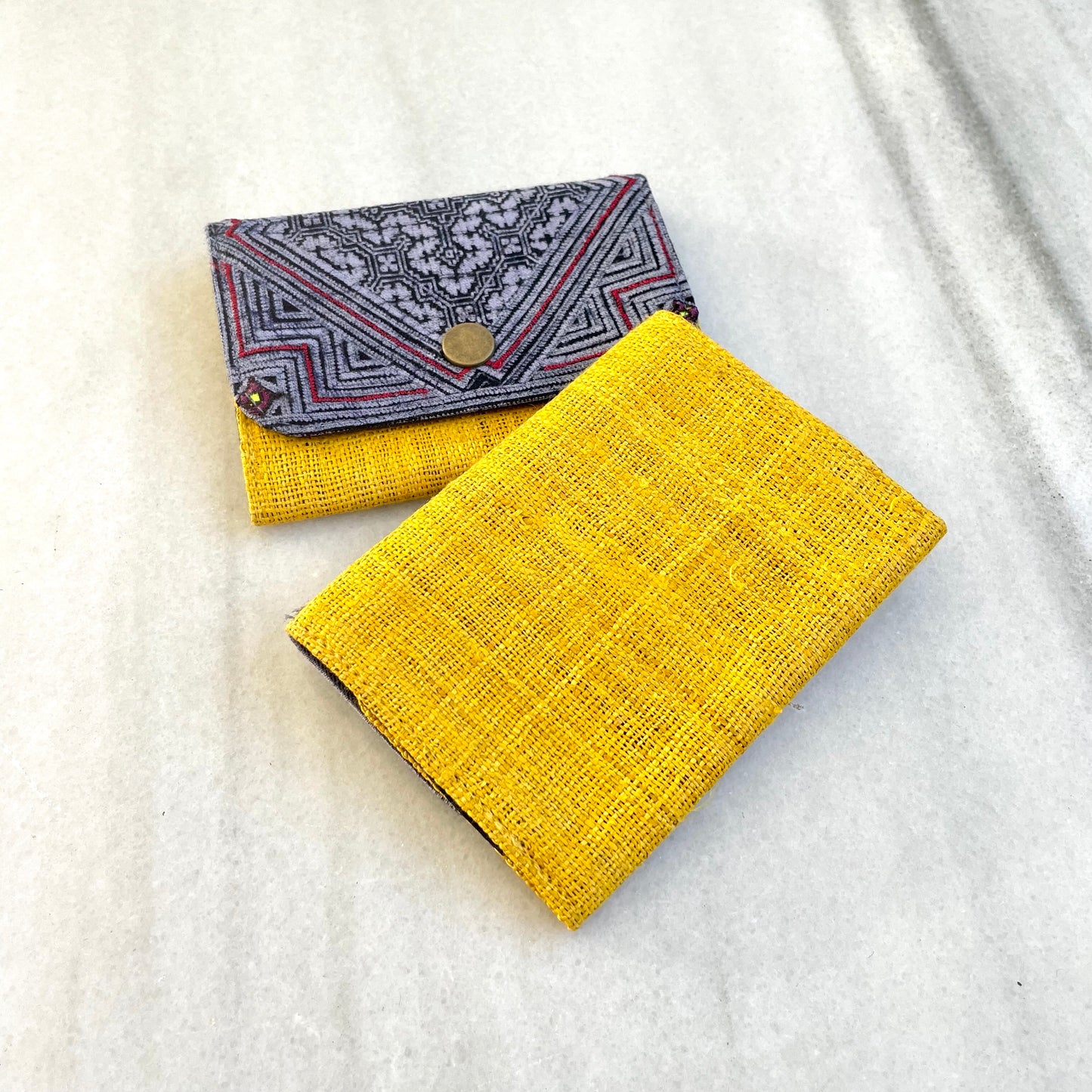 Yellow Hemp card holder, Indigo Batik fabric