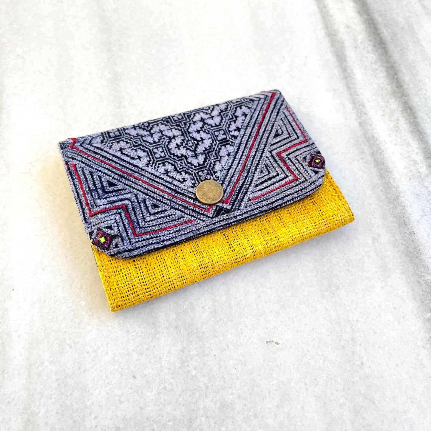 Yellow Hemp card holder, Indigo Batik fabric