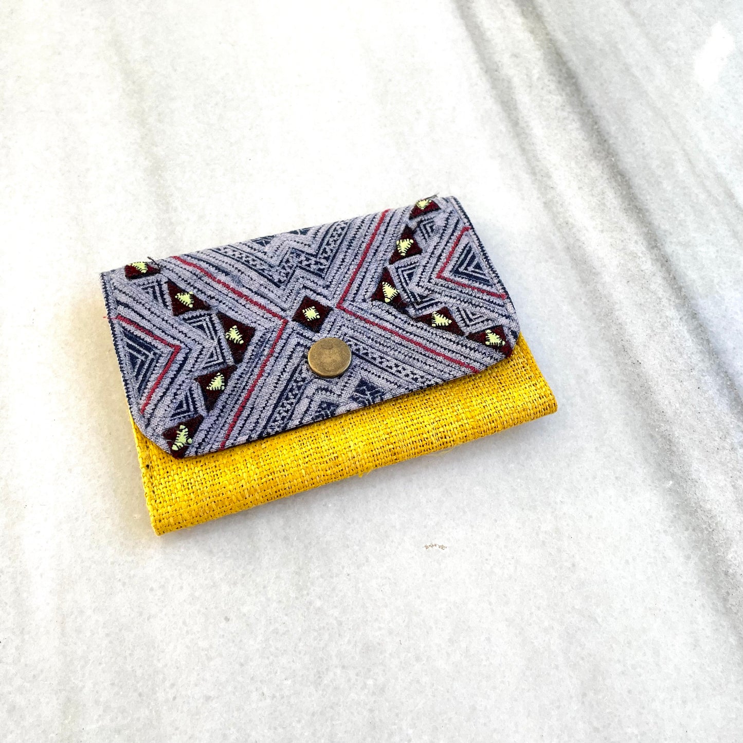 Yellow Hemp card holder, Indigo Batik fabric