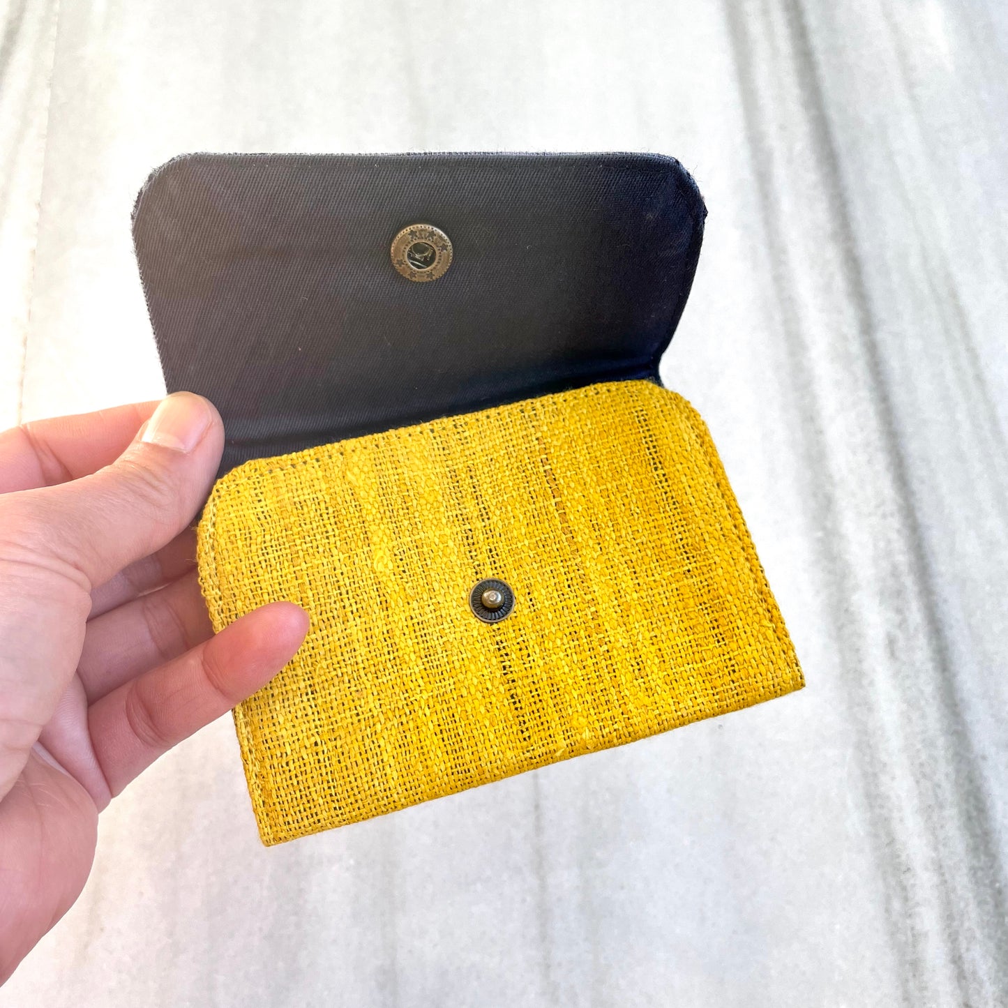 Yellow Hemp card holder, Indigo Batik fabric