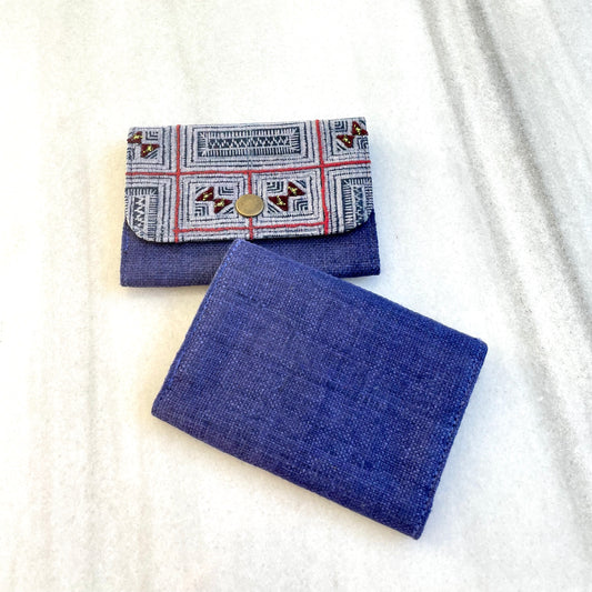 Purple hemp card holder, Indigo Batik fabric