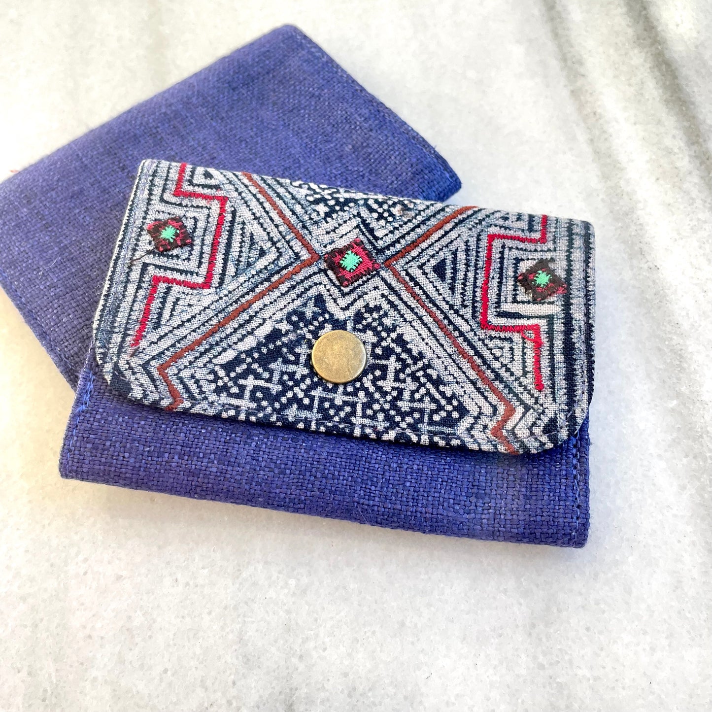 Purple hemp card holder, Indigo Batik fabric