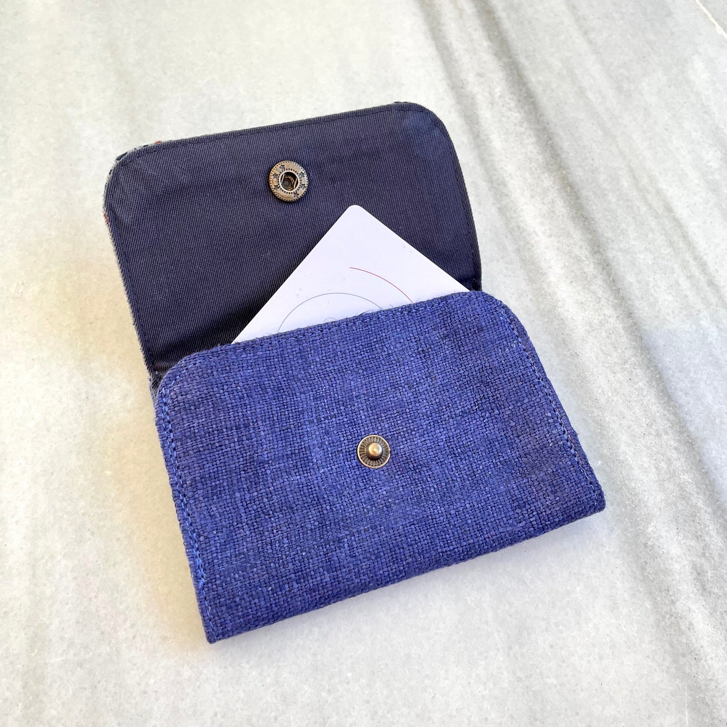 Purple hemp card holder, Indigo Batik fabric