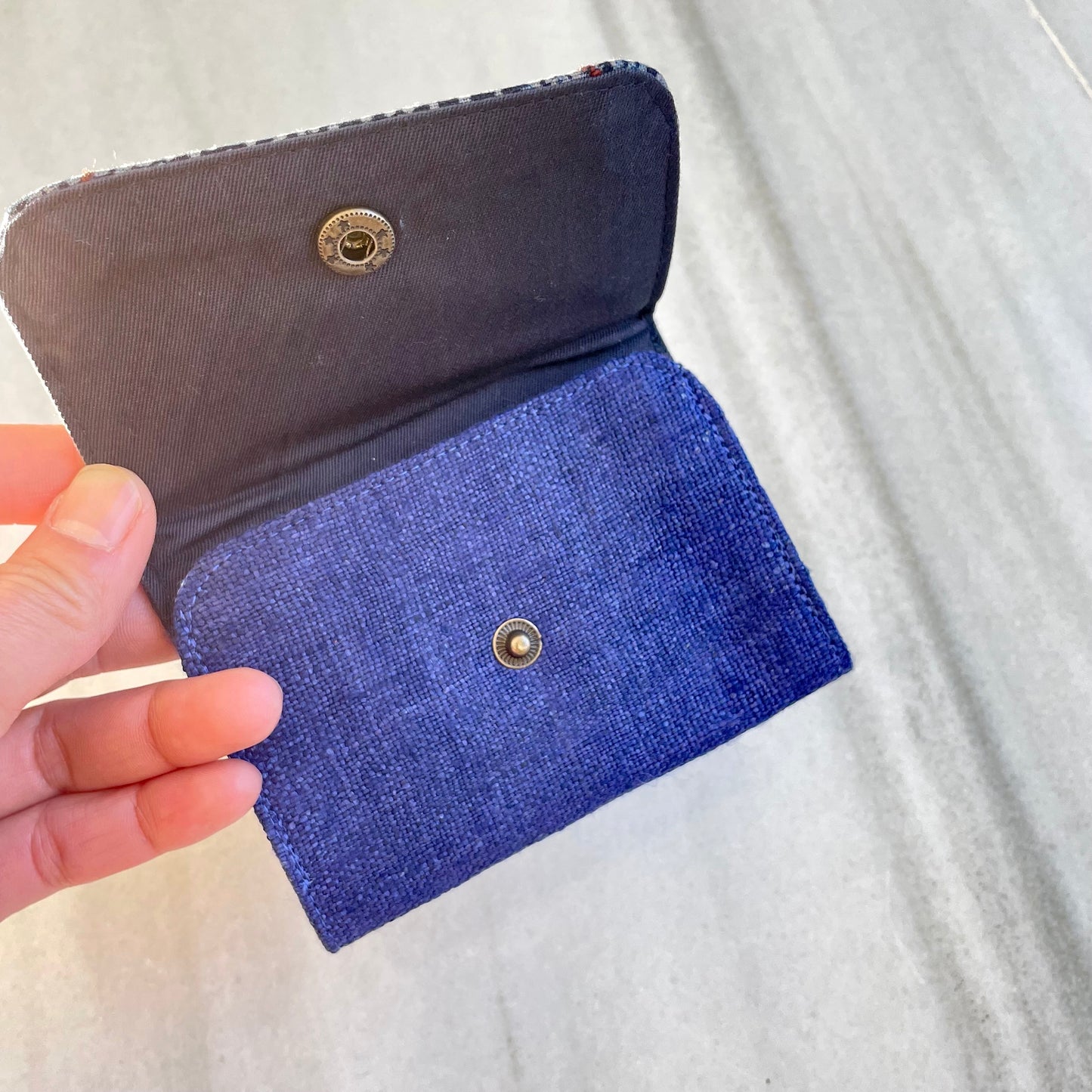 Purple hemp card holder, Indigo Batik fabric