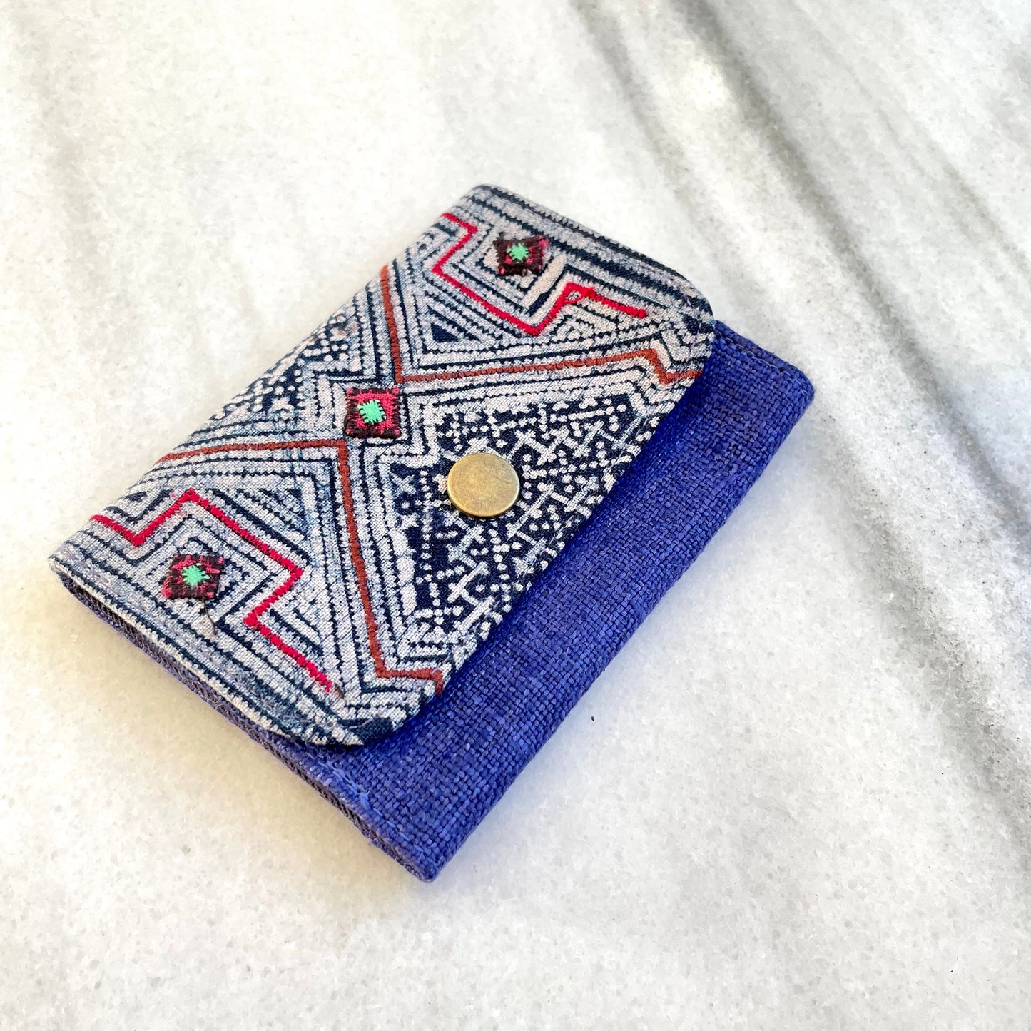 Purple hemp card holder, Indigo Batik fabric