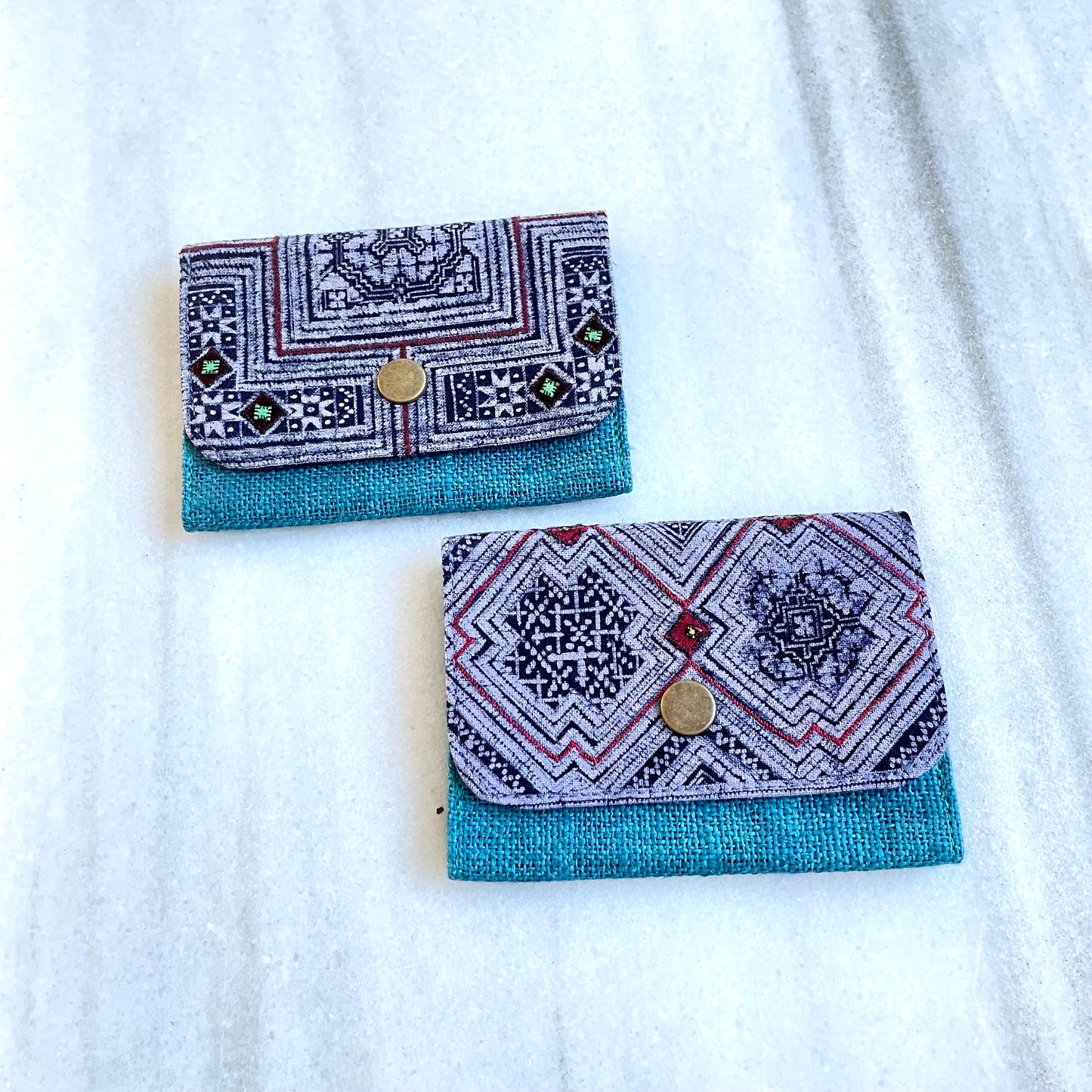 Turquoise blue hemp card holder, Indigo Batik fabric