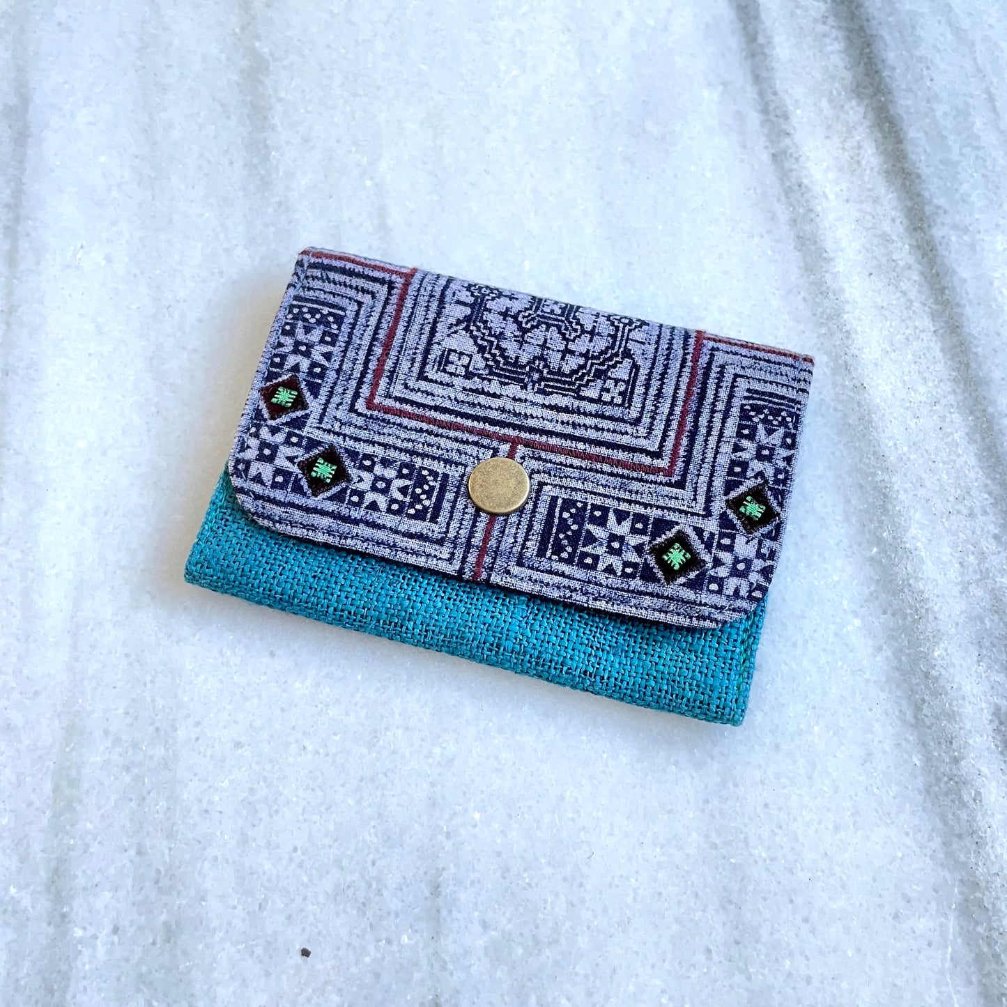 Turquoise blue hemp card holder, Indigo Batik fabric