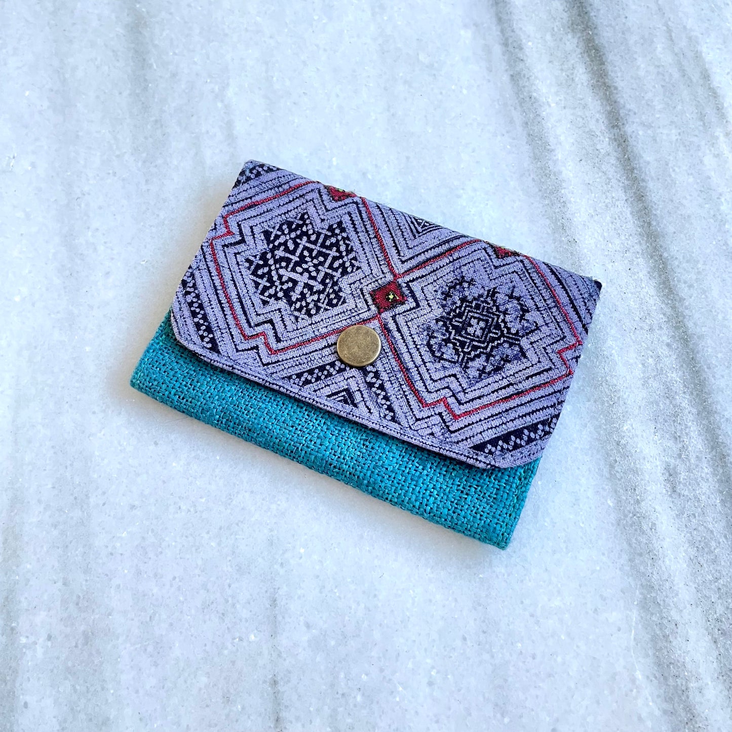 Turquoise blue hemp card holder, Indigo Batik fabric