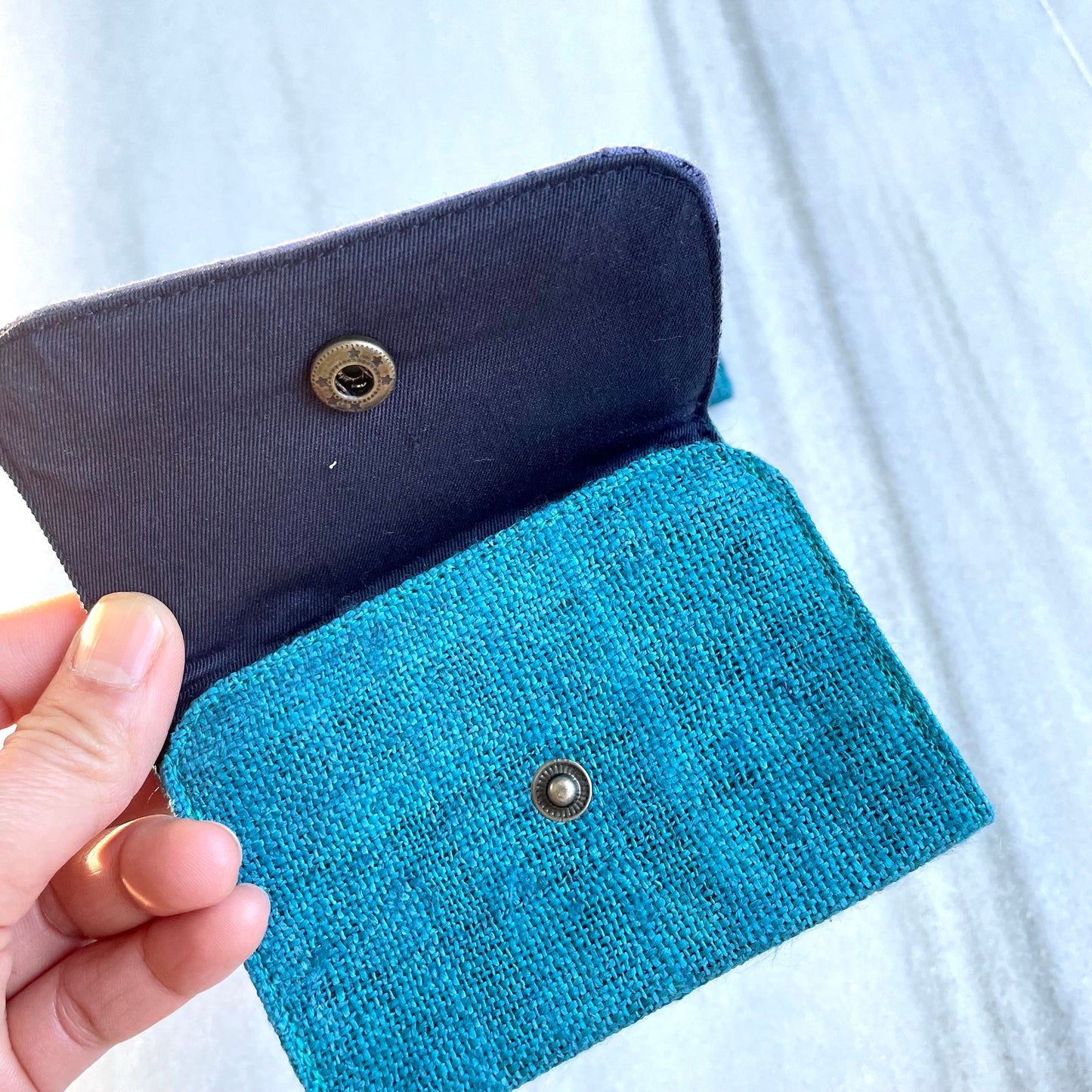 Turquoise blue hemp card holder, Indigo Batik fabric