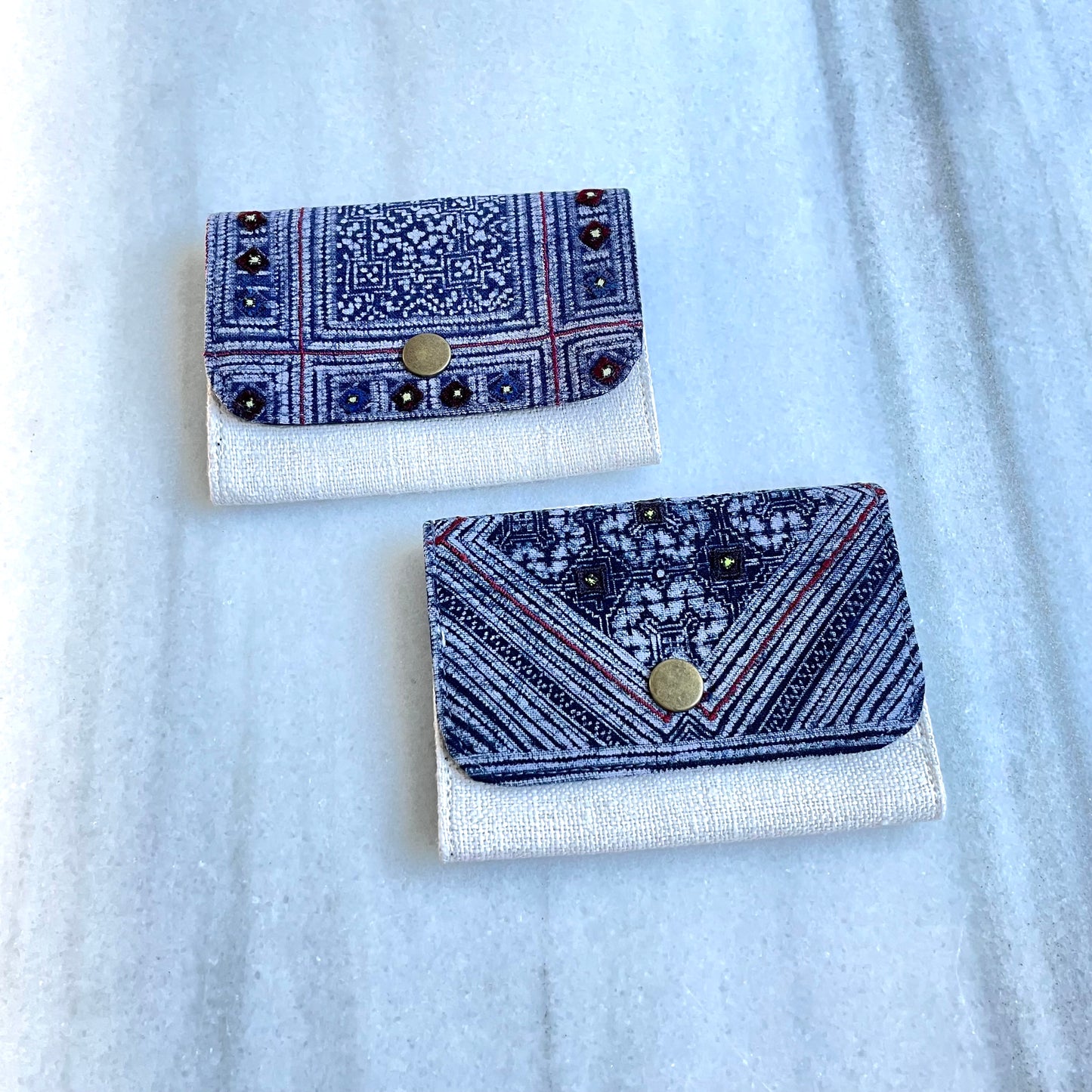 White Hemp card holder, Indigo Batik fabric