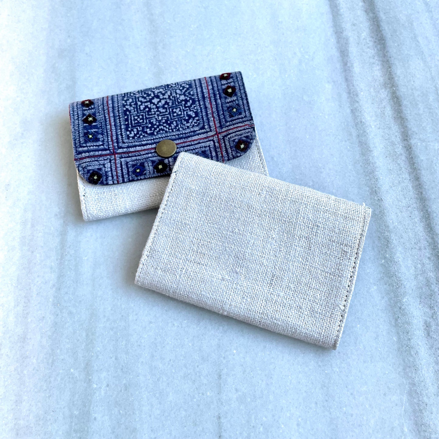 White Hemp card holder, Indigo Batik fabric