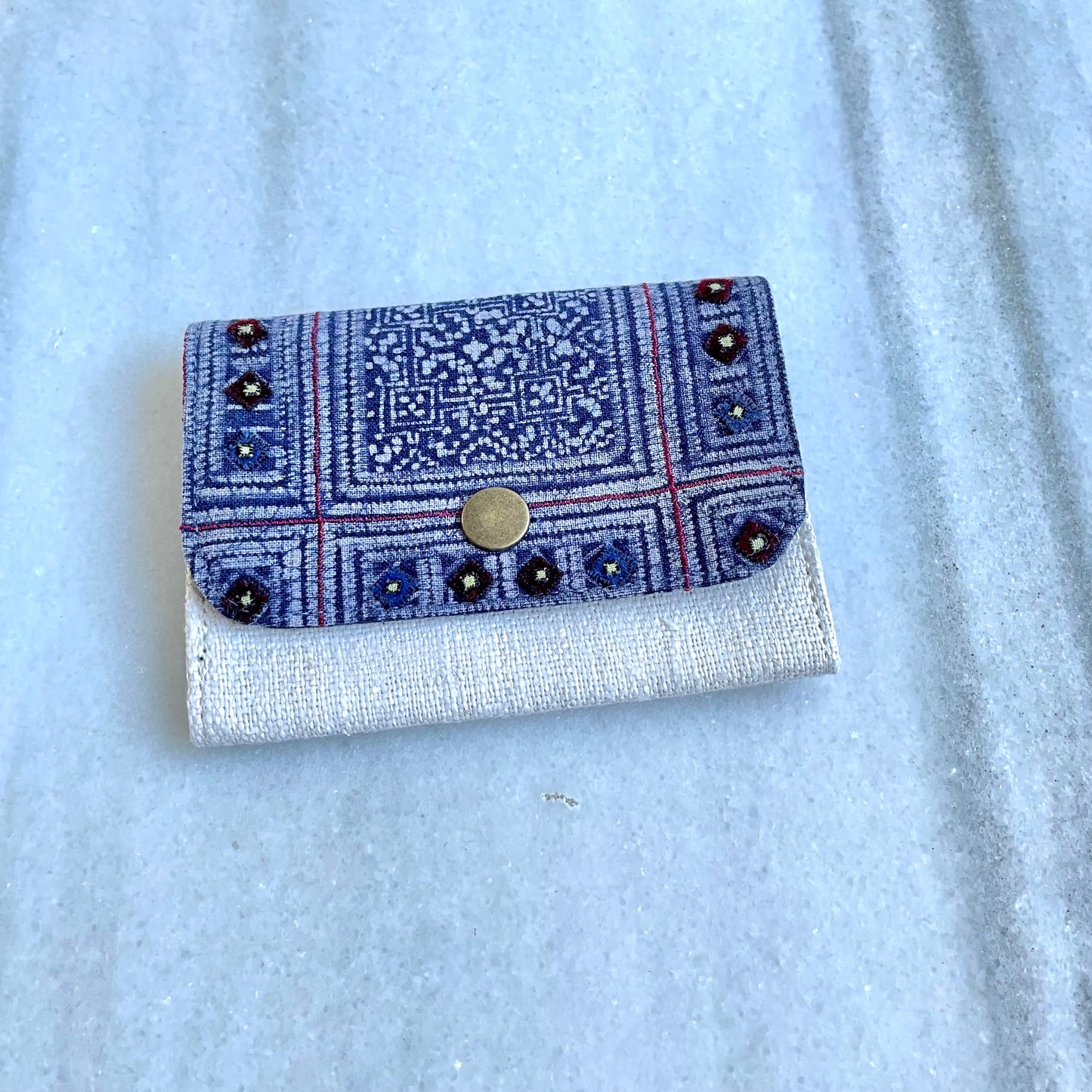 White Hemp card holder, Indigo Batik fabric