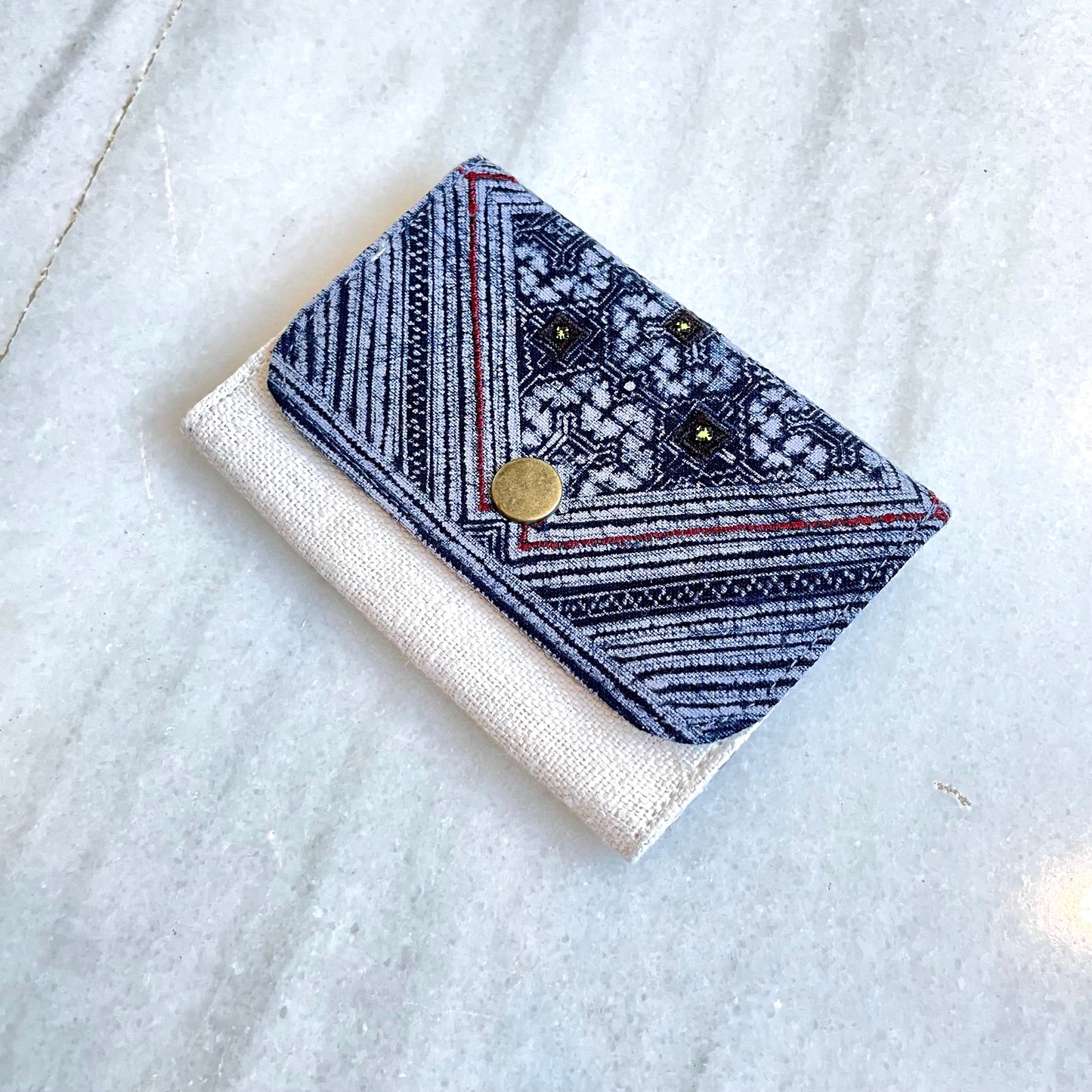 White Hemp card holder, Indigo Batik fabric