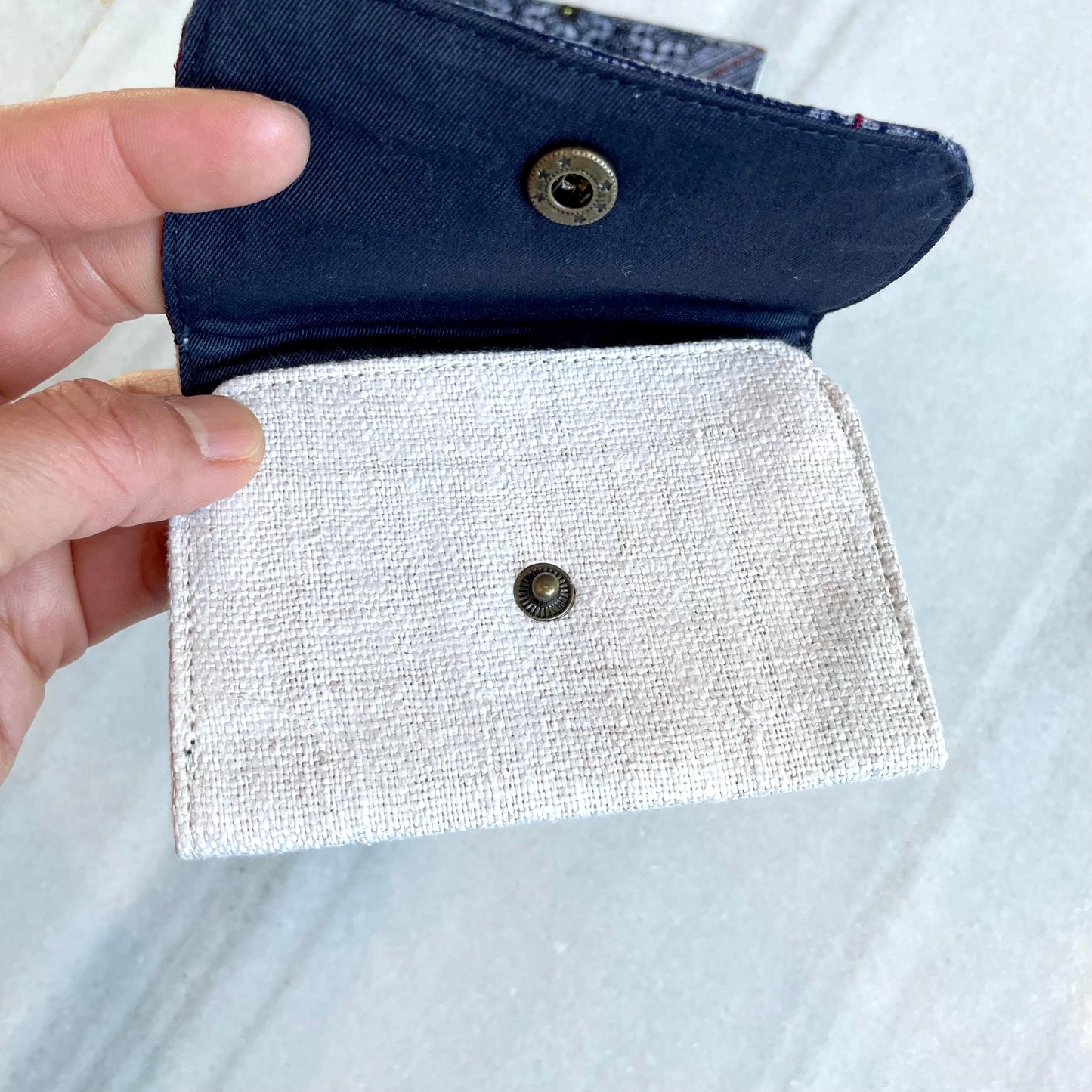 White Hemp card holder, Indigo Batik fabric