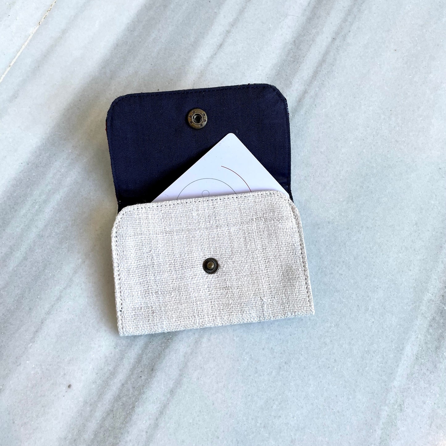 White Hemp card holder, Indigo Batik fabric