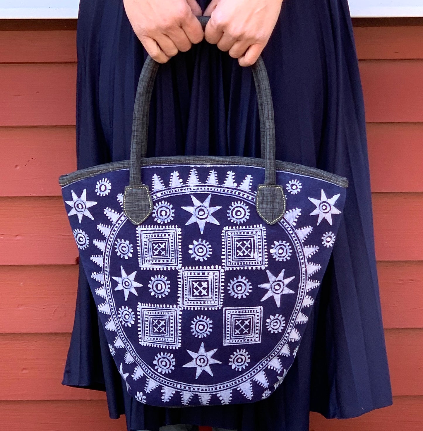 Bucket tote bag, grey handles, indigo blue batik fabric fabric in H'mong pattern