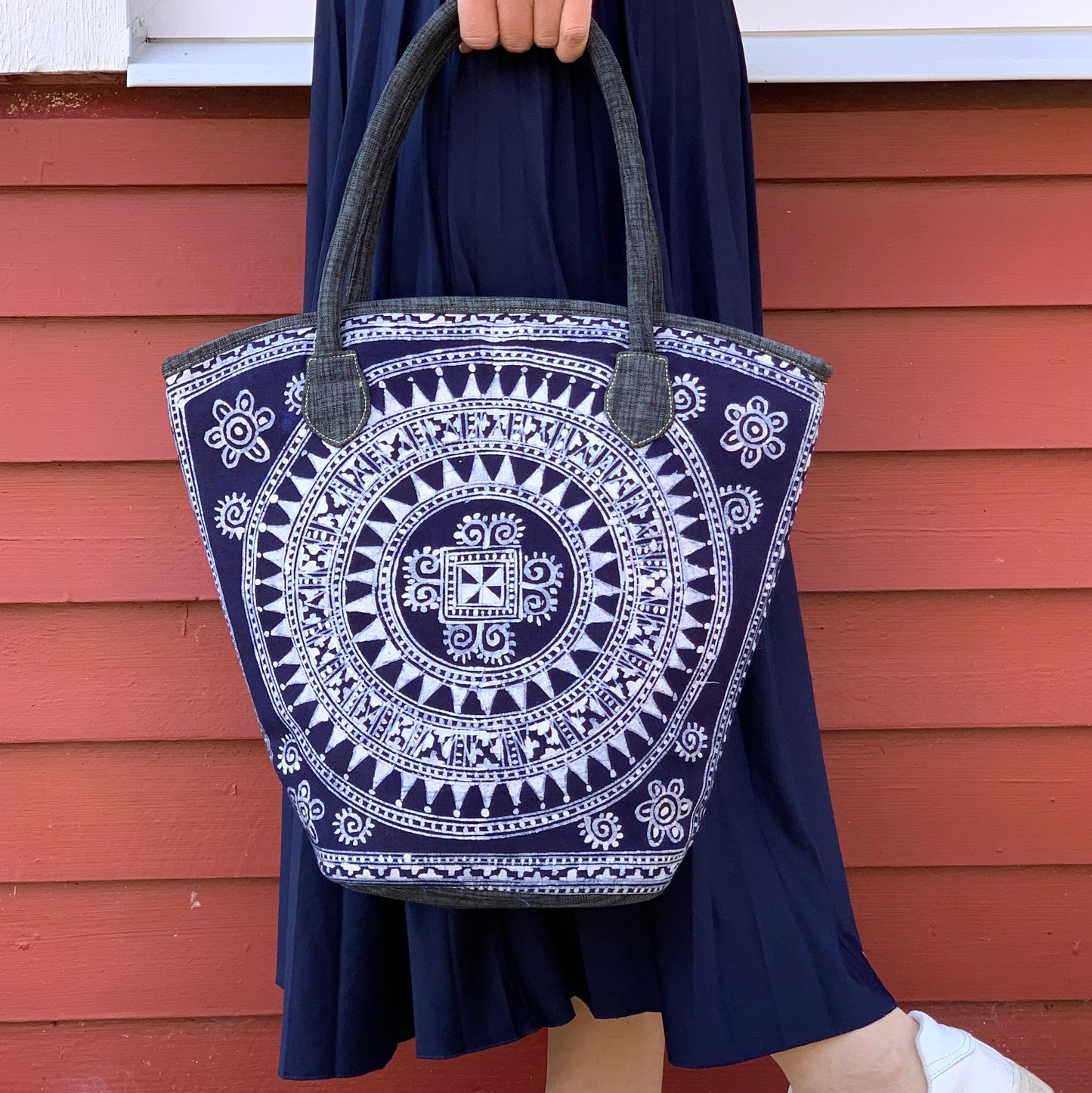 Bucket tote bag, grey handles, indigo blue batik fabric fabric in H'mong pattern